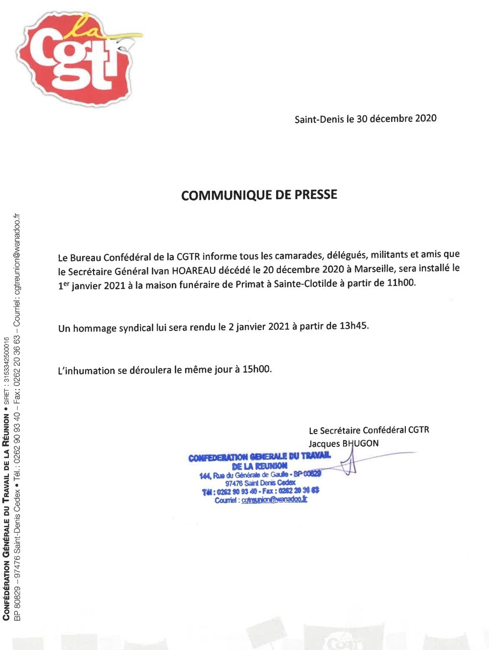 Ivan HOAREAU – Hommage syndical et inhumation