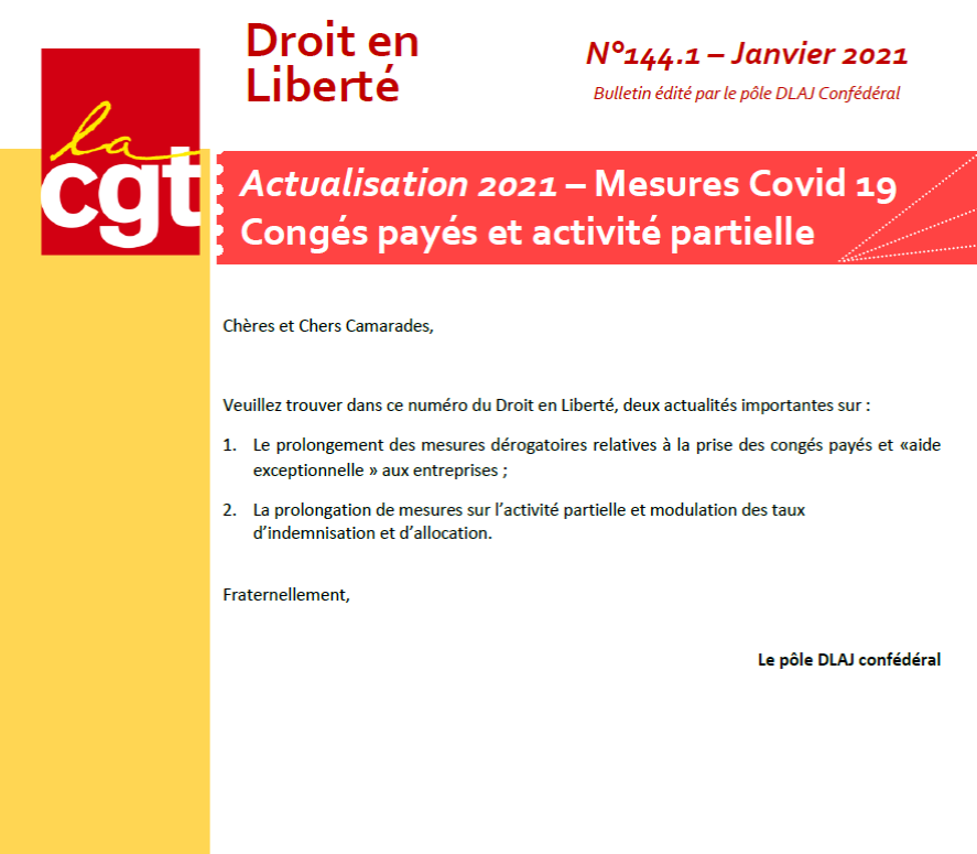 DROIT EN LIBERTE N°144.1- actualisé janvier 2021_congés payés, activité partielle et mesures Covid19