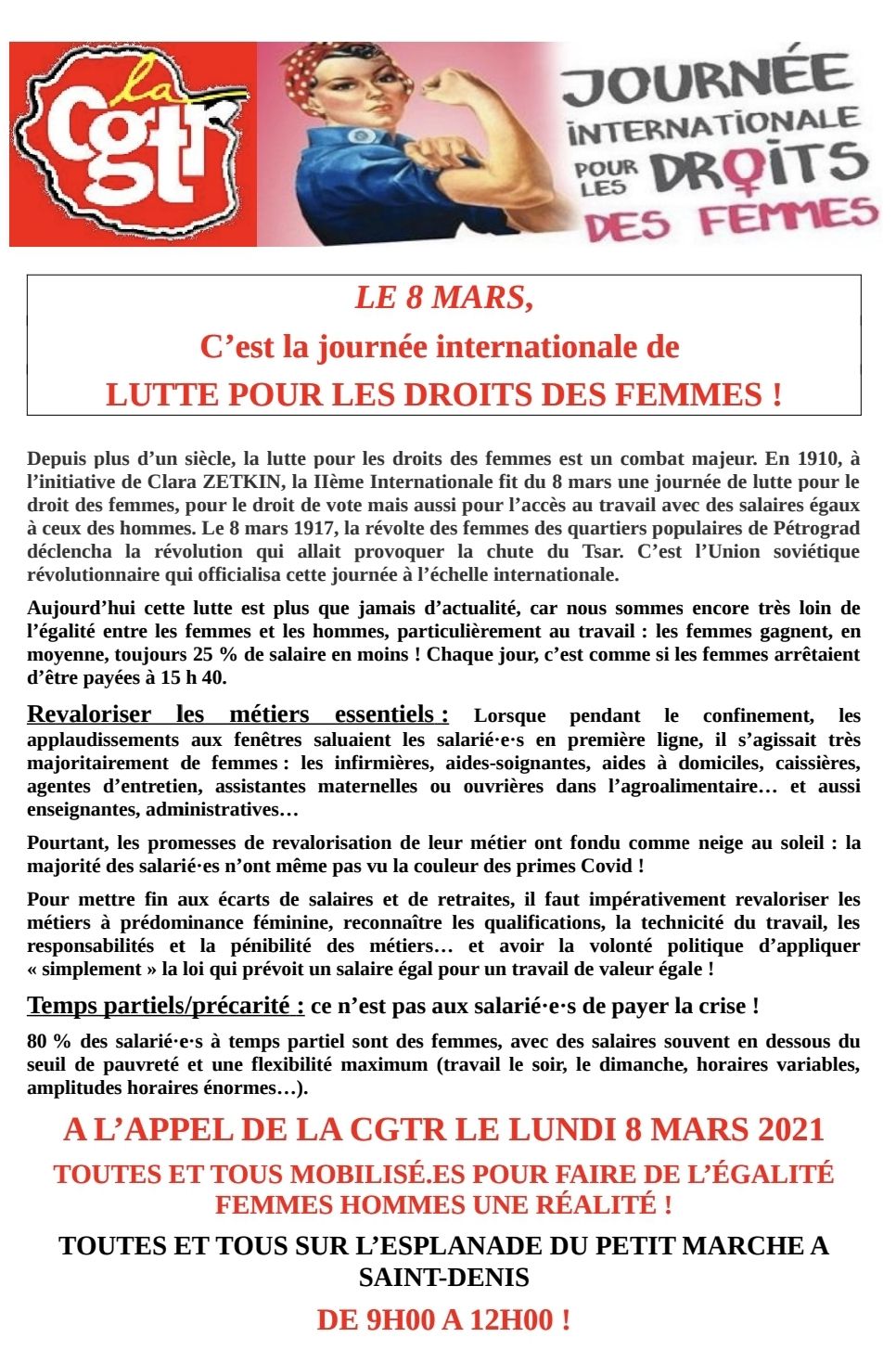 Adresse de la CGTR aux travailleuses et aux travailleurs à l’occasion du 8 mars 2021