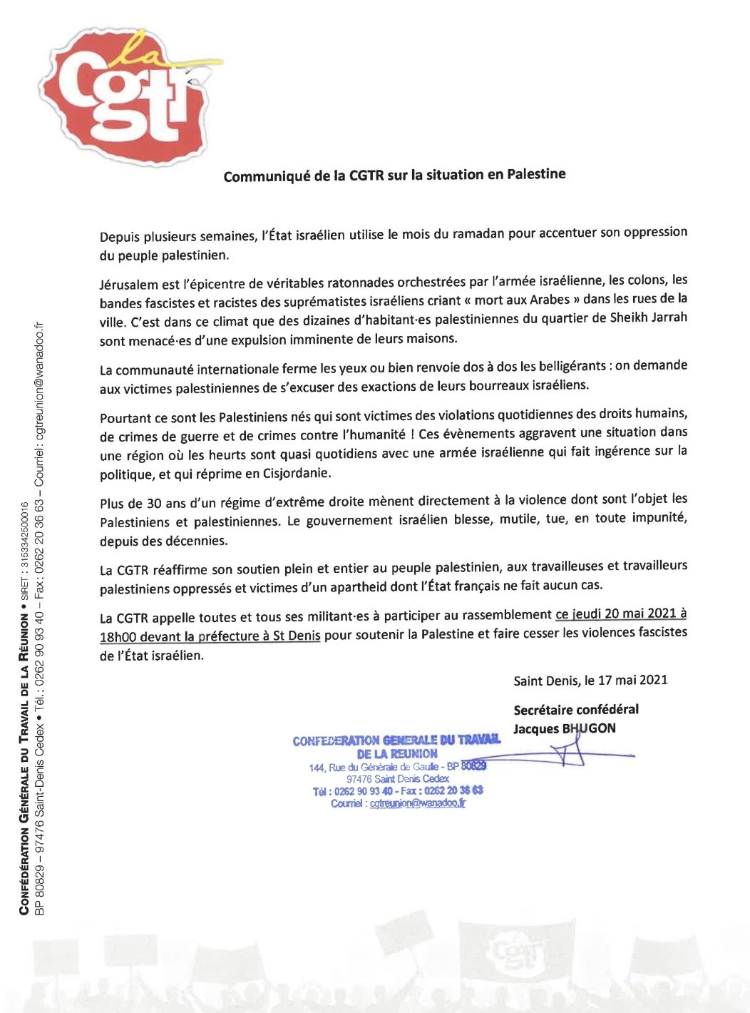 Communiqué de la CGTR sur la situation en Palestine