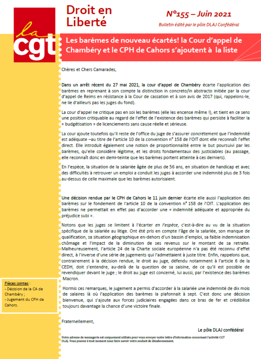 DL N°155 – Les barèmes Macron de nouveau écartés par la CA de Chambéry et le CPH de Cahors