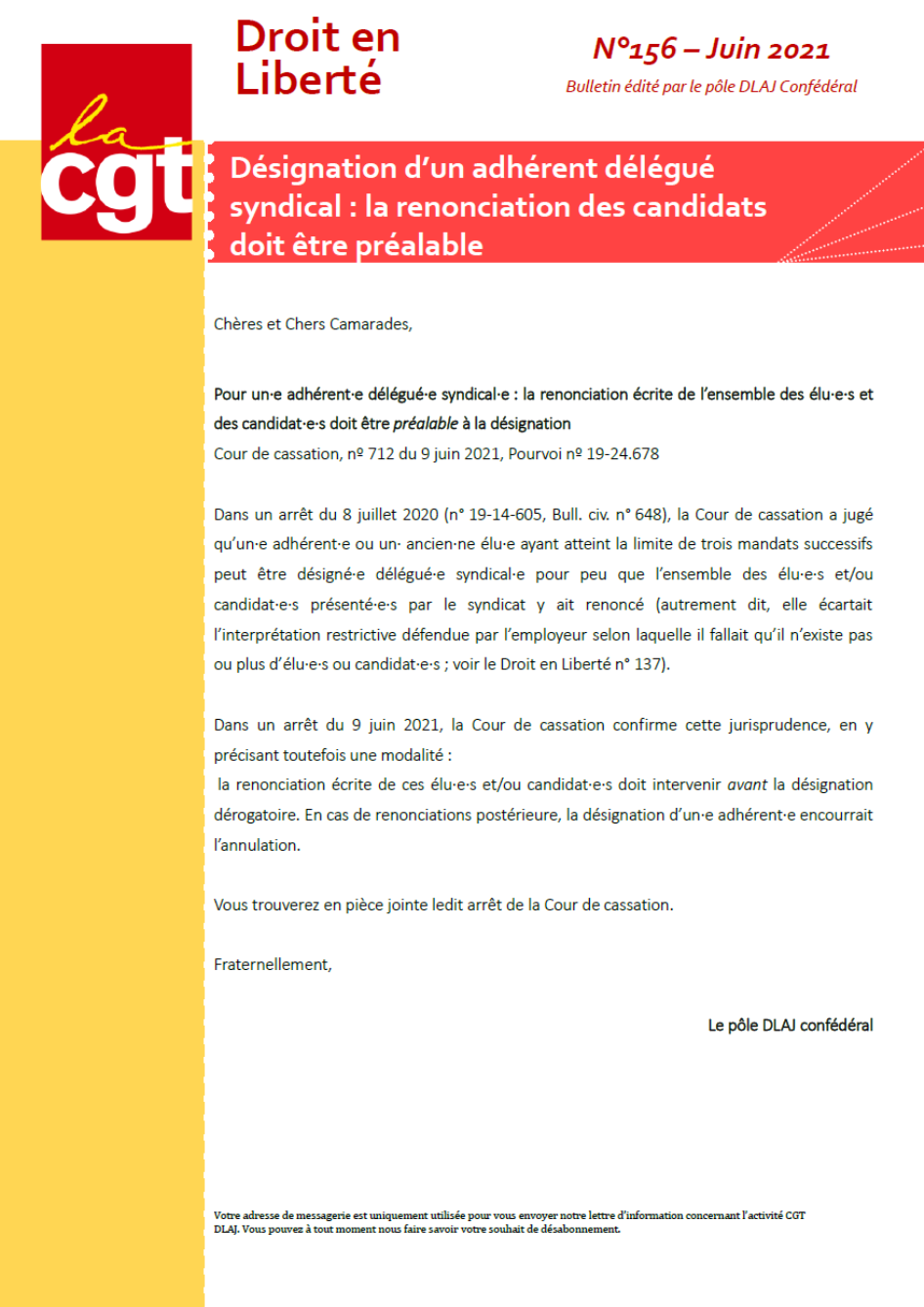 DROIT EN LIBERTE N°156 – Désignation d&rsquo;un adhérent Délégué syndical_Renonciation préalable