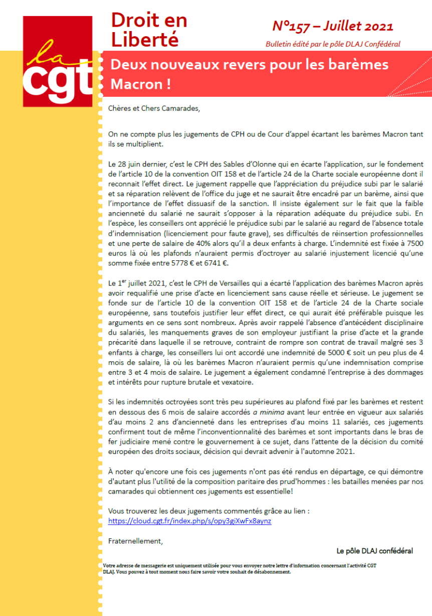 DROIT EN LIBERTE N°157 – Deux nouveaux revers pour les barèmes Macron