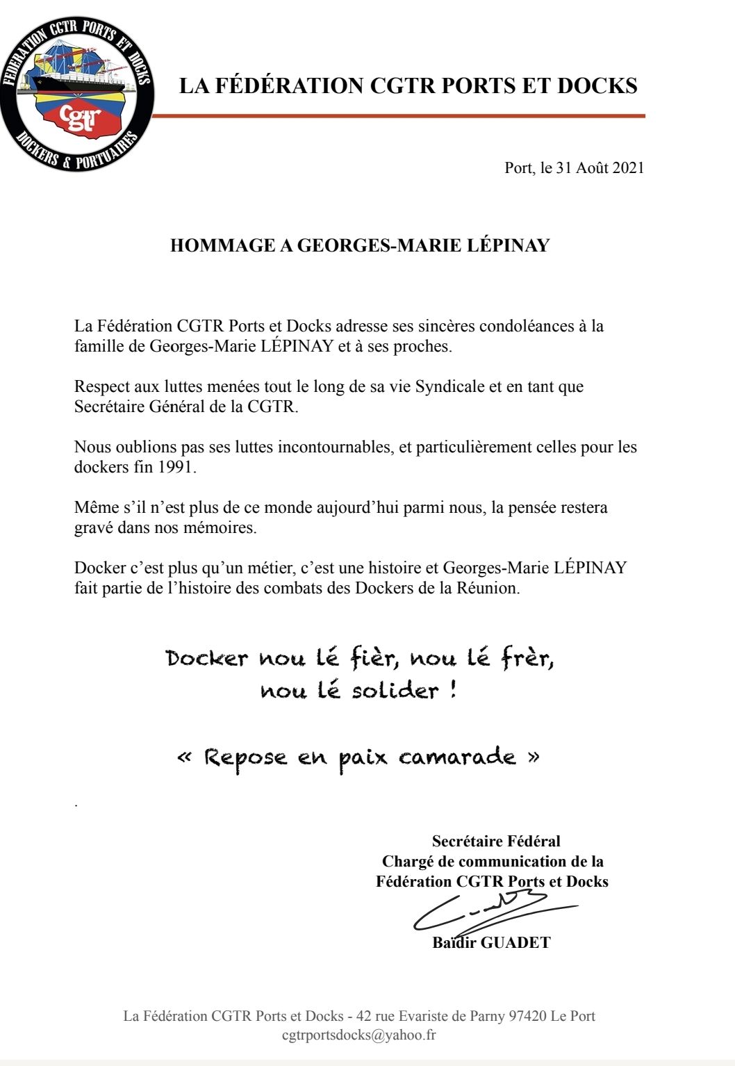 Hommage à GML – FD CGTR Ports et Docks