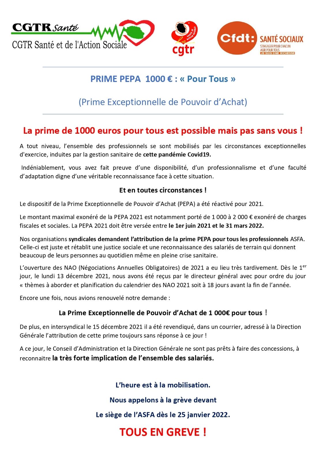 Santé – Prime pepa – 1000€ pour tous