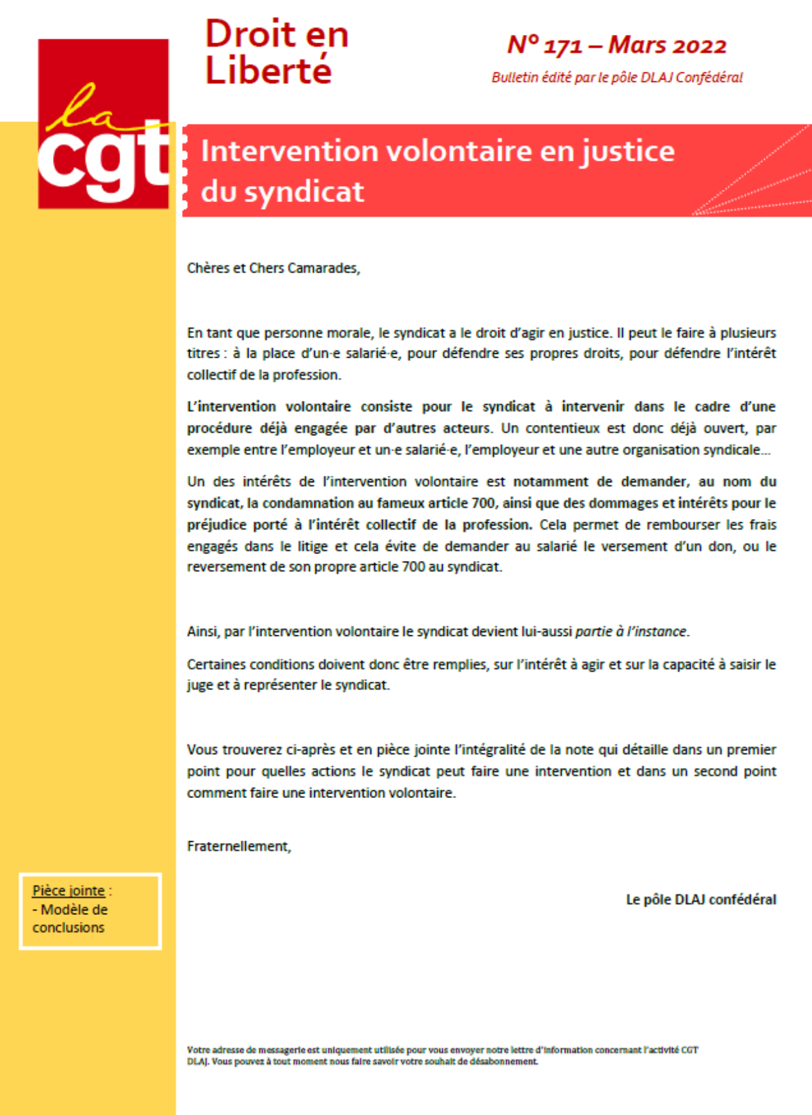 DROIT EN LIBERTE N°171 – Intervention volontaire en justice du syndicat