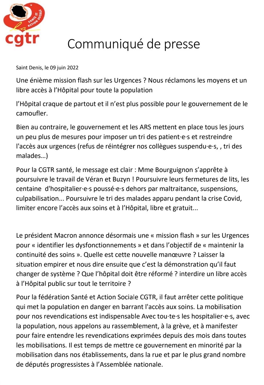 Communiqué CGTR Santé