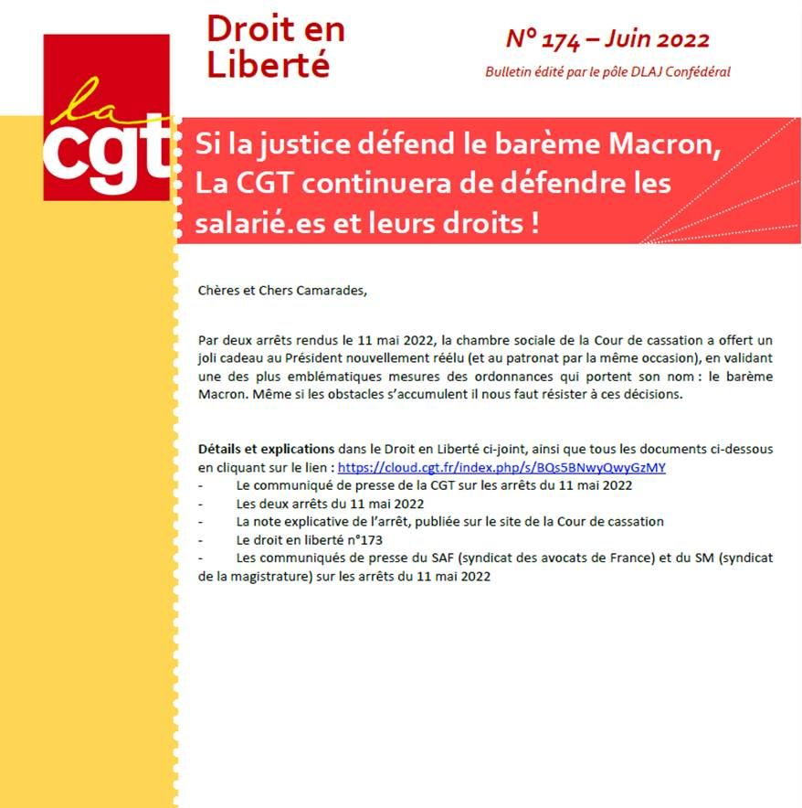 DROIT EN LIBERTE N°174 – Si la justice défend le barème Macron, la CGT continuera de défendre les salariés et leurs droits