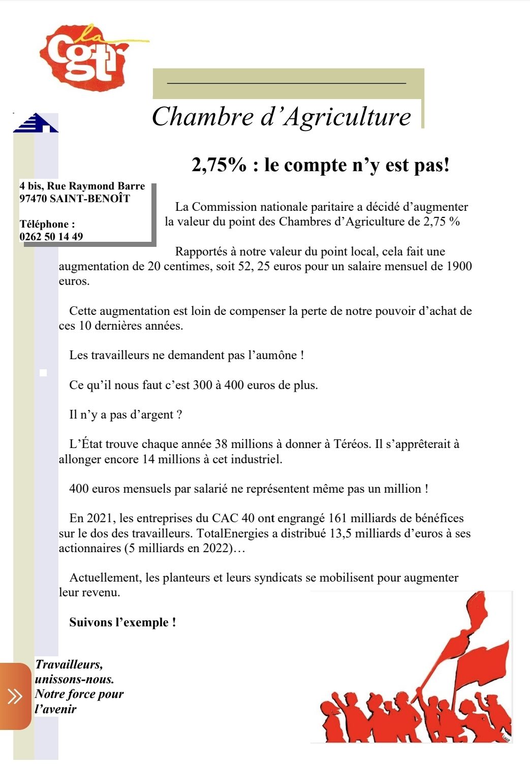 CGTR Chambre d&rsquo;Agriculture –  tract pouvoir d&rsquo;achat