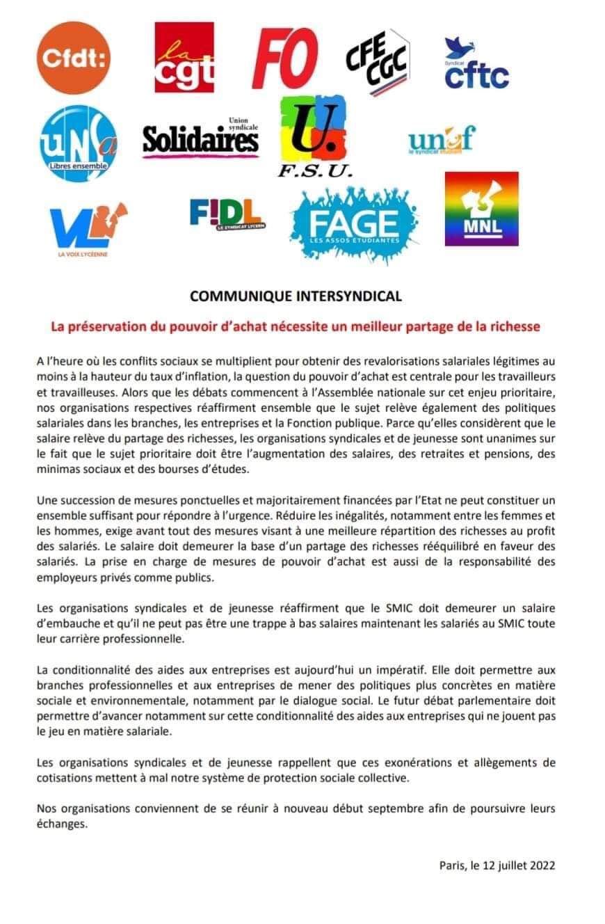 Communiqué intersyndical CGT CFDT FO CFE-CGC UNSA SOLIDAIRES FSU UNEF FIDL VL FAGE