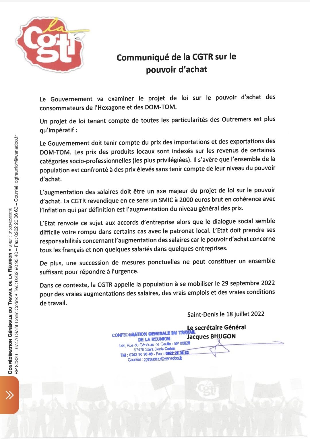 Communiqué de la CGTR sur le pouvoir d&rsquo;achat