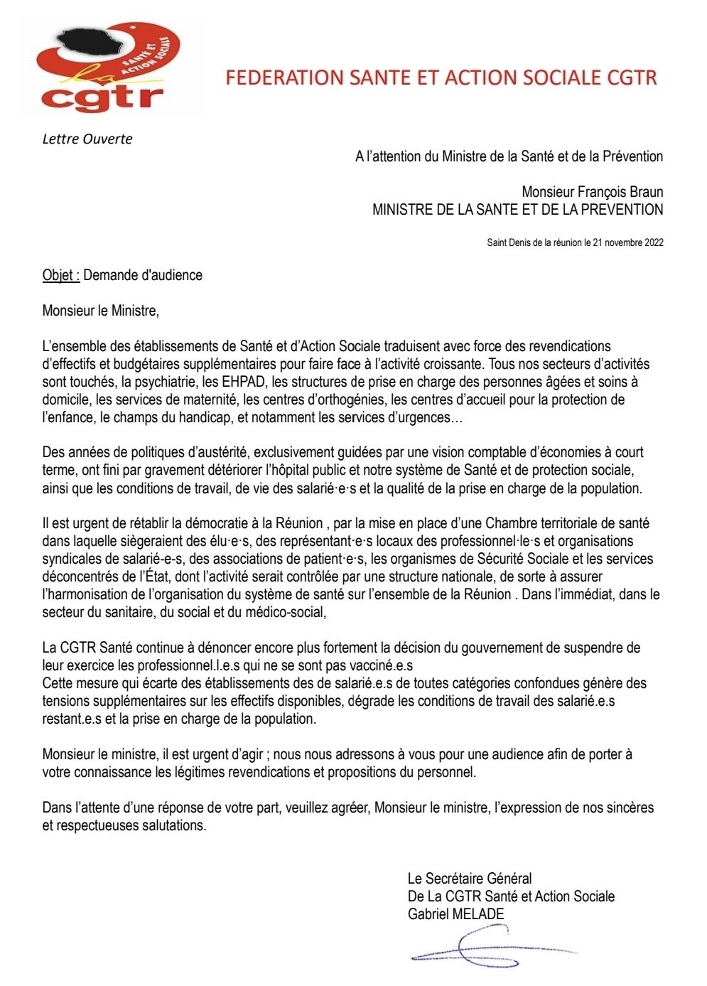 CGTR Santé – Demande d&rsquo;audience au ministre