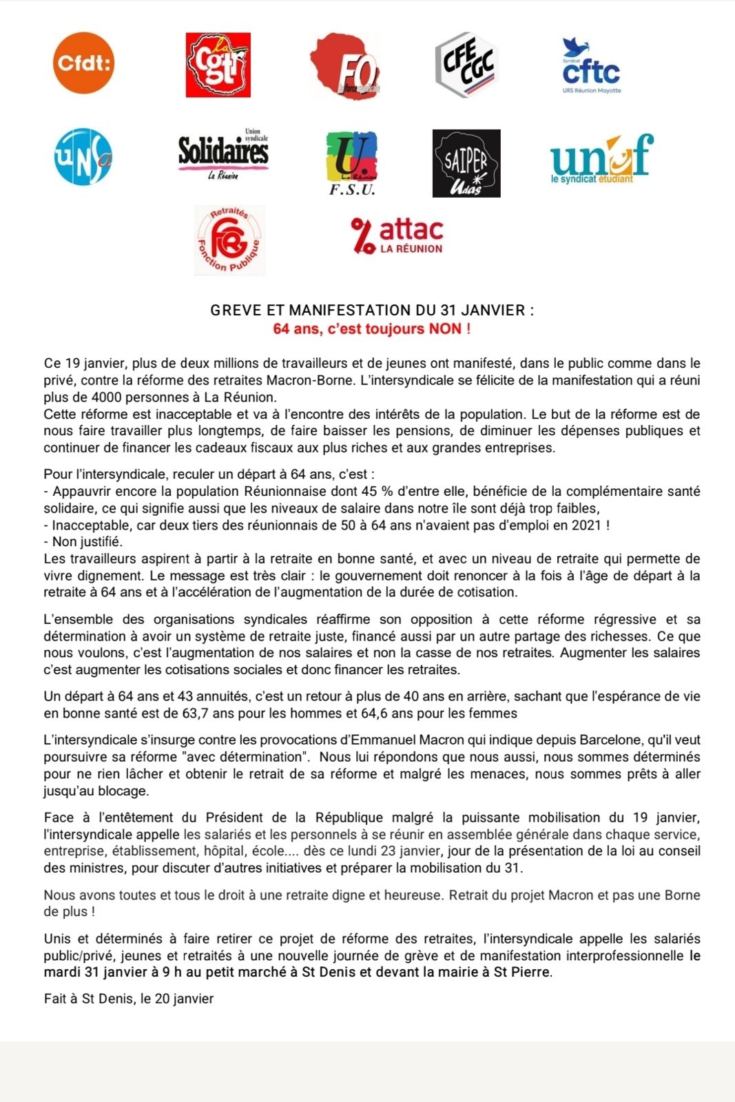 Retraite : communiqué de presse de l&rsquo;intersyndicale