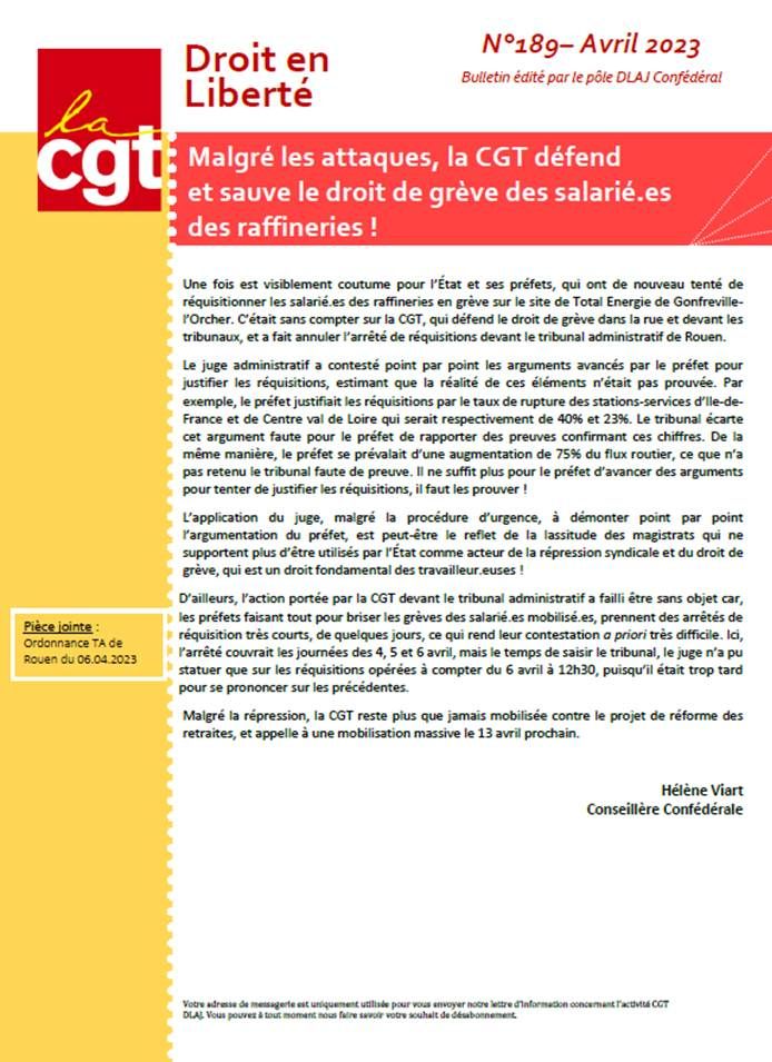 DROIT EN LIBERTE N°189_Malgré les attaques, la CGT défend et sauve le droit de grève des salariés.es des raffineries