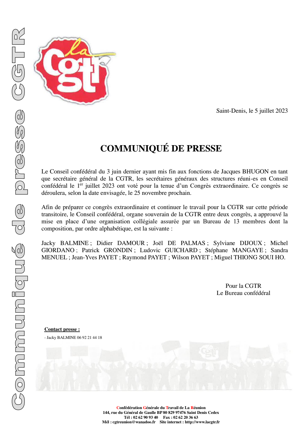Communiqué de la CGTR – Conseil Confédéral du 1er juillet 2023