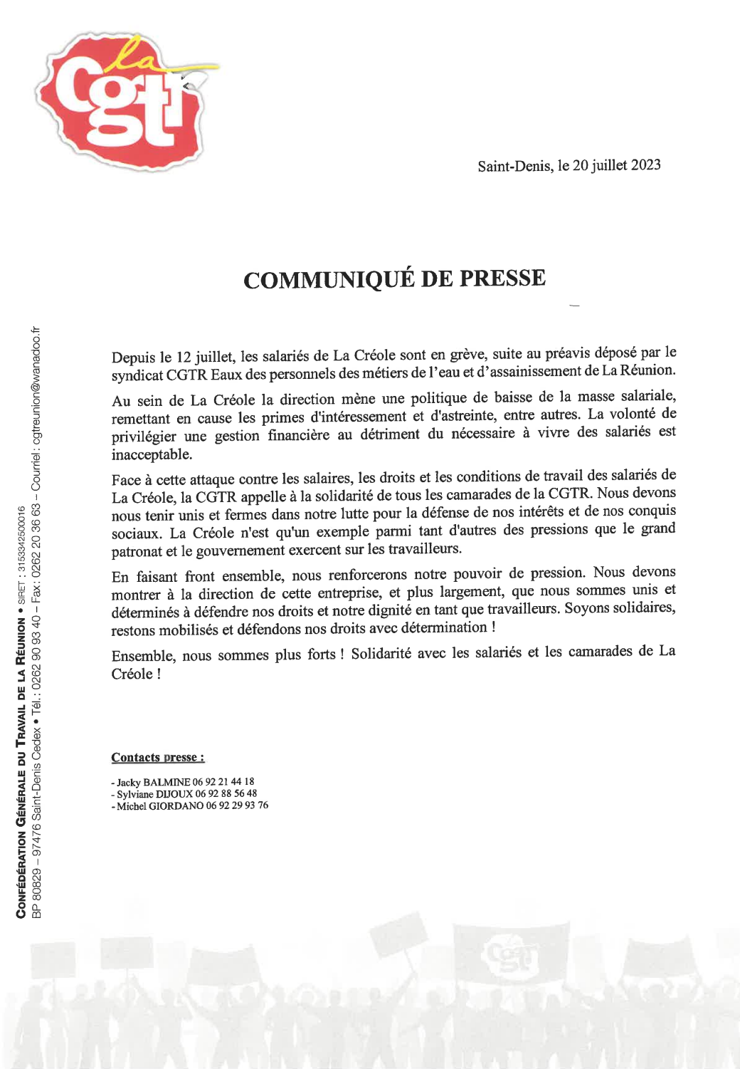 Communiqué de presse CGTR – Soutien aux salariés de La Créole
