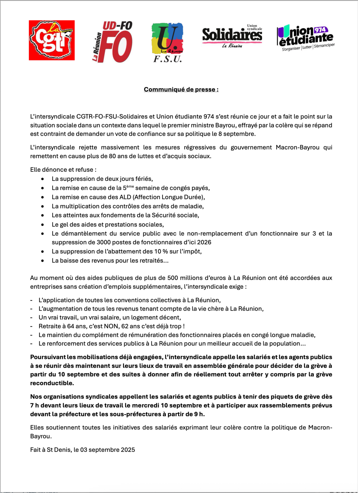 Mercredi 10 septembre 2025, la CGTR, FO, la FSU, Solidaires et l’Union des Étudiants appellent à la grève et à une mobilisation massive de l’ensemble des travailleuses et des travailleurs