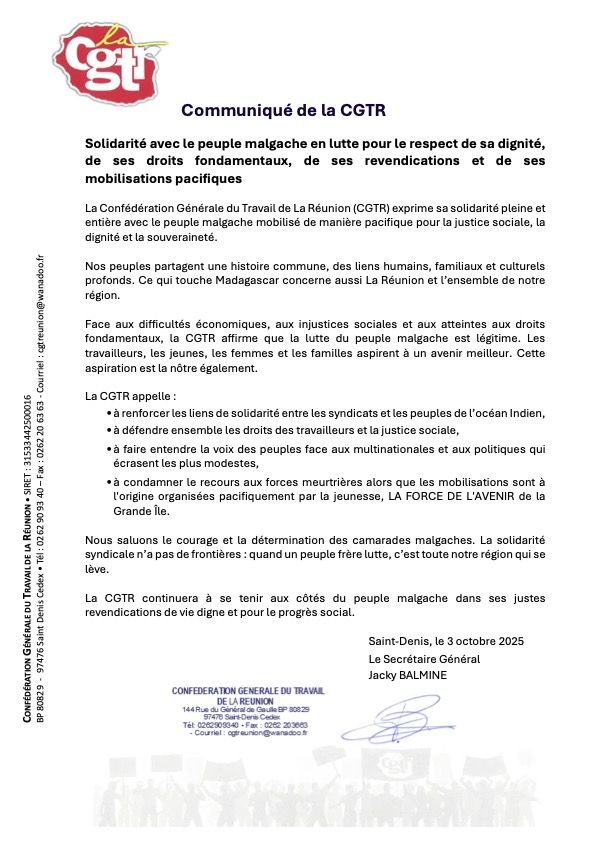 Communiqué CGTR : Solidarité avec le peuple malgache