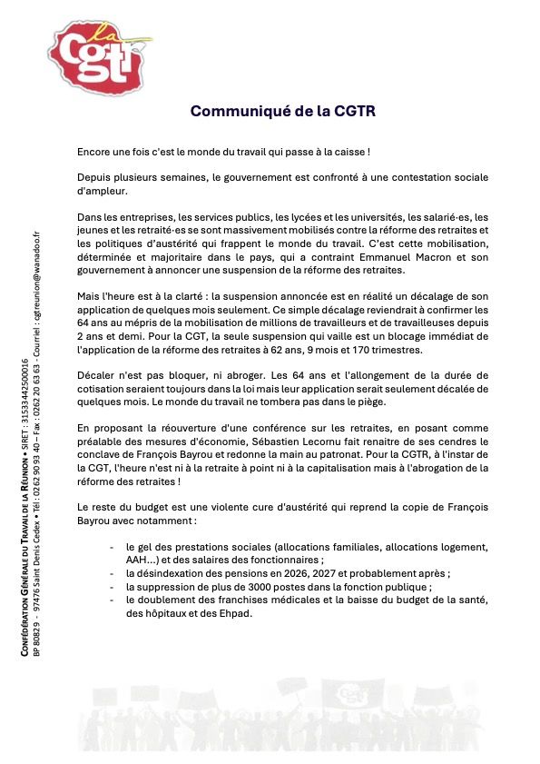 CP CGTR – Encore une fois c&rsquo;est le monde du travail qui passe à la caisse !