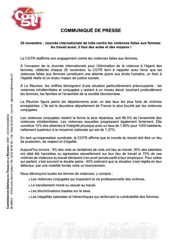 CP CGTR-Journée internationale de lutte contre les violences faites aux femmes, mardi 25 novembre 2025 à partir de 9h, à Saint-Denis