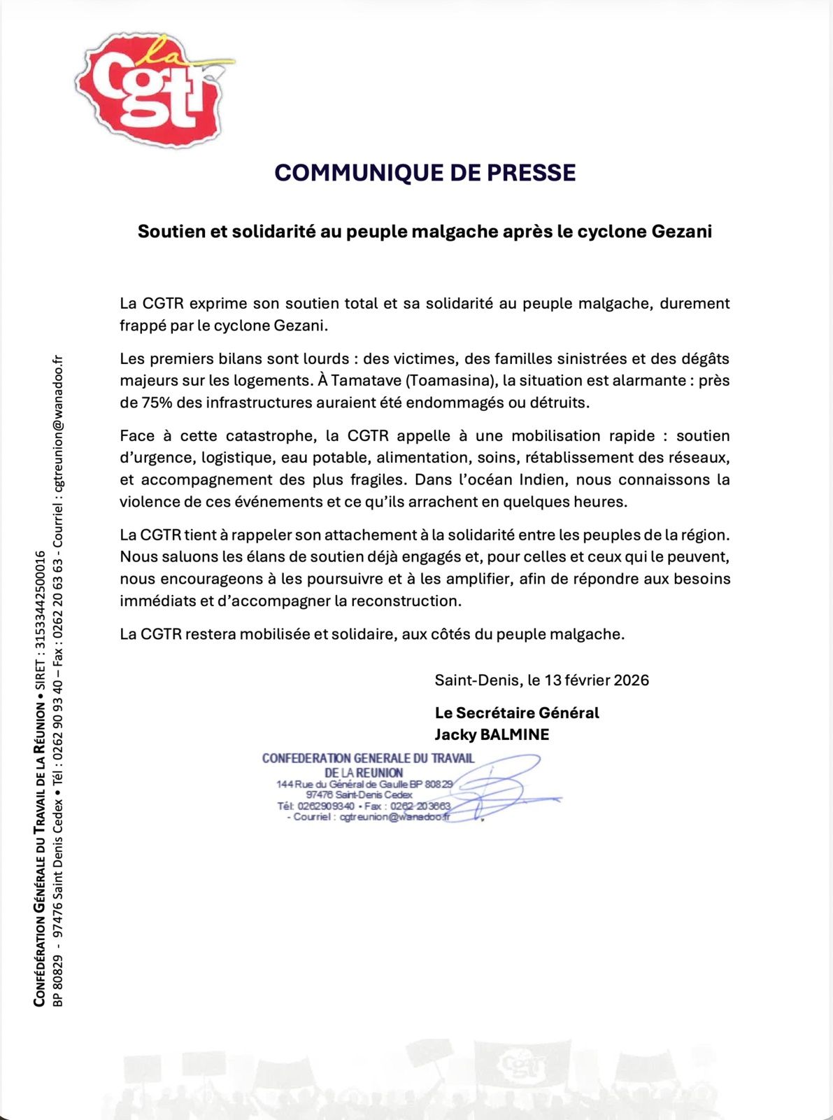 COMMUNIQUE CGTR Soutien et solidarité au peuple malgache après le cyclone Gezani