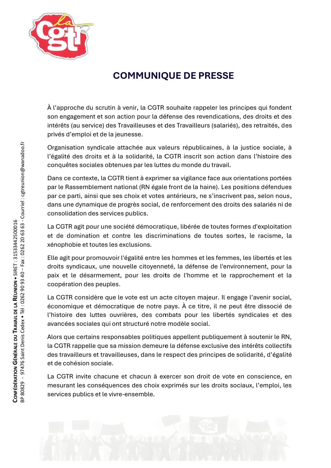 CP – La CGTR réaffirme ses valeurs
