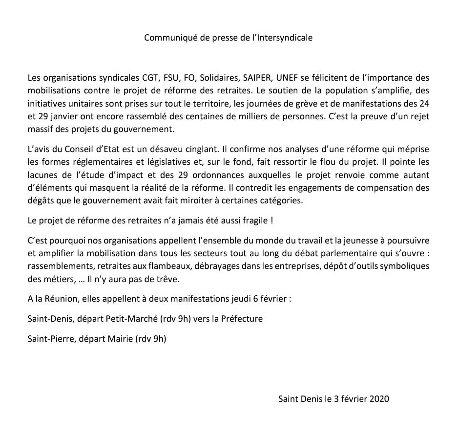 L'intersyndicale appelle à manifester le jeudi 6 février