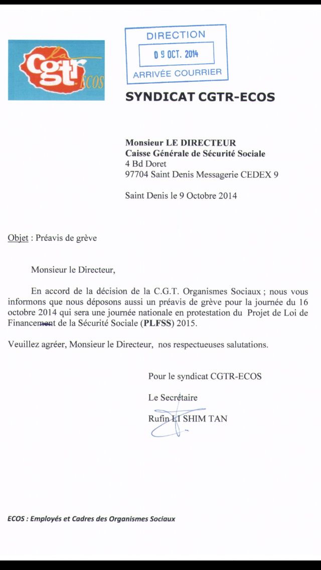 CGSS - Préavis de grève de la CGTR-ECOS